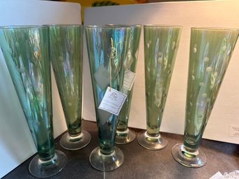 6 NEW Italian Hand Crafted Green Tall Glasses-k38
