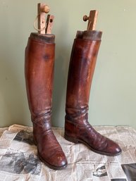 Early 1930s Mens Leather Polo Boots With Original Wooden Boot Trees - A01