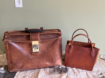 Vintage Leather Top Frame Briefcase And Vintage Leather Carry Bag  - A02