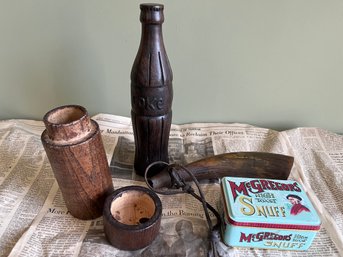 Antique Lot Of 4 Item: Snuff Tin, Wooden Coke Bottle, Horn And Wooden Match Stick Box -  A03