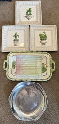 Nambe Silver Bowl, Pretty Asparagus Platter And 3 Topiary Serving Plates - K49