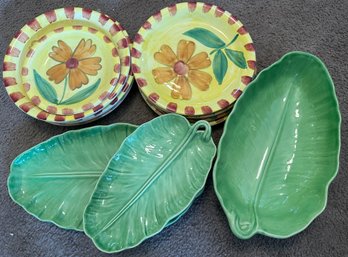 8 Sunflower Italian Ceramic Plates With 3 Green Leaf Serving Pieces - K52