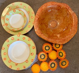 Royal Stafford Peach Lot Includes Candles, 6 Soup Bowls, 3 Dinner Plates, Large Orange Bowl - K53