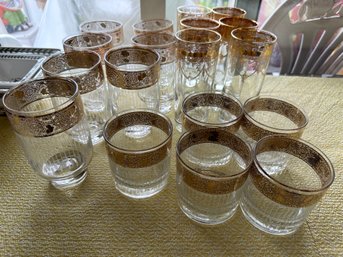 Pretty Gold Rimmed And Etched Barware - 18 Pieces - K55
