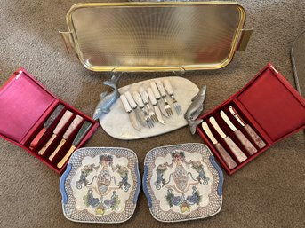 Marble Tray With Silver Fish, Decorative Plates, 2 Boxed Sets Of Marble Hostess Knives Plus Other Items - K56