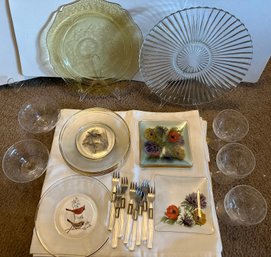 Colorful Luncheon Collection Including Yellow Depression Glass Platter Plus Flower & Bird Clear Plates- K61