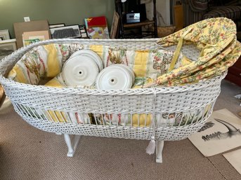 Antique White Wicker Baby Bassinet With Bunting For Decorative Purposes Only - A41