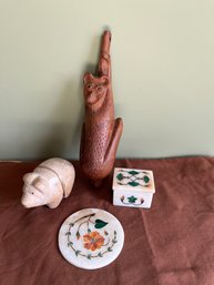 Assorted Lot - Carved Stone Pig, Marble Inlaid Coaster, Jewelry Box And Bear Carving - A43
