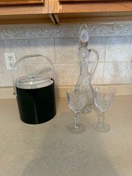 #574 Lot Of 3 Ice Bucket, Wine Decanter & Wine Glasses