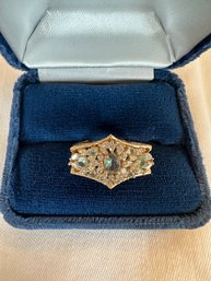 14k Yellow Gold Ring With Diamonds, Soft Green Gems And Pretty Side Floral Details - 19