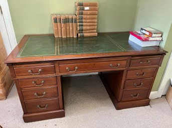 Large Partners Desk With Green Leather Top & 9 Drawers - A53