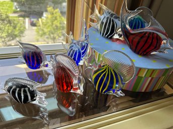8 Hand Blown Glass Fish Paper Weighs And Box  - B6
