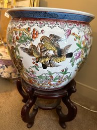 Large Asian Inspired Koi Pot On Wooden Stand - B9
