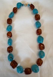 14k Yellow Gold, Baltic Amber & Turquoise Necklace - 25