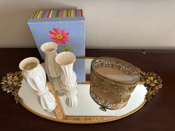 Large Vintage Mirrored 21 Inch Gold Tray With Gold French Jewelry Box And Small  Lenox Vases - B