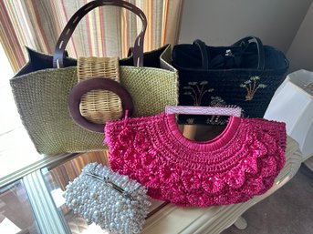 Lovely Pearl Clutch And Three Straw Handbags Appears New - B13