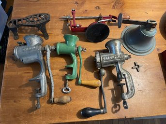 Various Meat Grinders, Bell, Apple Peeler And Shoe Trivet