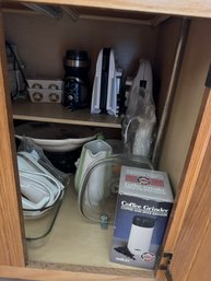 #594 Cabinet Lot Of Small Kitchen Appliances & Bakeware