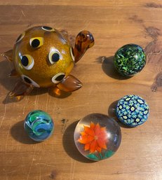 Art Glass Paperweights And A Turtle