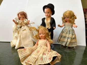 Four Antique Story Book Dolls - Bride Groom And Two Attendants