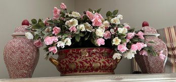 Pair Of Rose & Cream Ginger Jars, Large Pot With Faux Flowers - B35