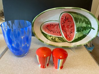 Large Watermelon Serving Bowl, Salt & Pepper Shakers & Pretty Blue Glass Vase - 2D26