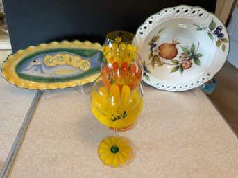 3 Painted Yellow & Orange Goblets, Fish Platter & Bowl - 2D28