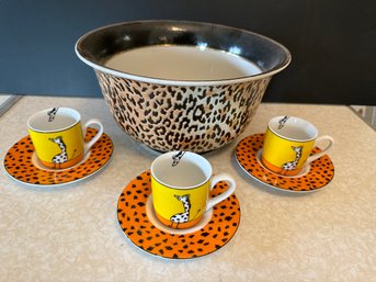 3 Giraffe Espresso Cups And Saucers With Large Cheetah Patterned Bowl - 2D30