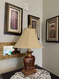 Red And Gold Lamp With Coordinating Wall Art And Mirror - 2F1