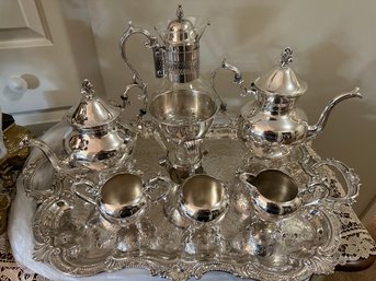 Shiny Silver On Copper Coffee And Tea Set On Footed Tray, 7 Pieces - 2F2