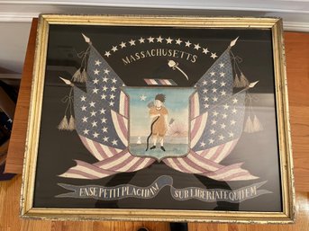 Exquisite Antique Framed Silk With Massachusetts State Seal, Flags And Native American - Lr19