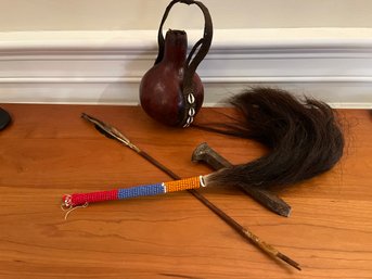 Antique Collectors  Lot - African Milk Gourd,Hand Beaded Horse Hair Whip, Arrow,19th Ctry Railroad Nail - Lr20
