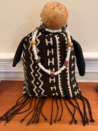 African Doll W/Carved Gourd Head, Woven Fabric, Porcelain Goomba Beaded Necklace  - Lr22