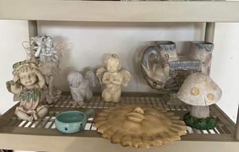 #687 Shelf Lot Of 8 Outdoor Decorations Angels, Elephant