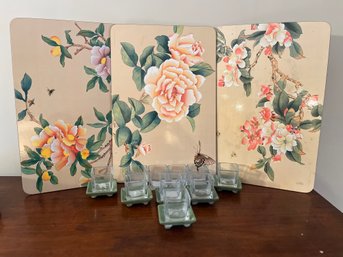 10 Clear Candle Votive Holders, 6 Green Dishes, 3 Floral Hard Place Mats - Lr37