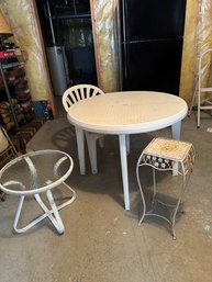 #701 Lot Of 4 Round Outdoor Plastic Table 38', Sm Table 21', Plant Stand & Chair