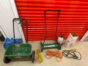 Spreader, Mower, Tarp, Sprayer, Extension Cords, Jumper Cables