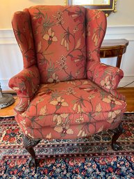 Upholstered Brick Red Floral Mahogany Ball And Claw Foot Wing Back Chair  - Fr18