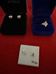 #10 Lot Of 3 14kt CZ Stones (2 Pair Of Earrings, Ring Size 6.5