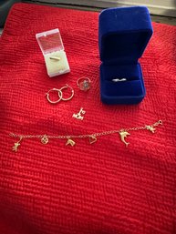 #12 Lot Of 6 14 Kt Gold Rings, Earrings, Bracelet, Pinky Gold Nail