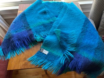 Vintage Blue Mohair Throw Blanket With Fringe Made In Finland - Fr20