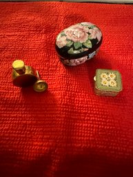 #21 Lot Of 3 Otagirl Ceramic Trinket Box (made In Japan), Brass Perfume Bottle W/funnel, Decorative Pill Box