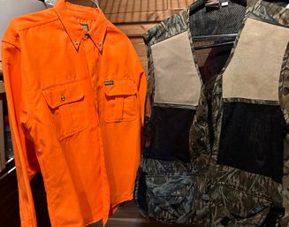 Orange Safety Button Down Shirt And Camo Vest With Suede Patches And Netting - S19