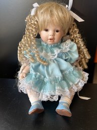 Blonde Goldie Lox Curls Porcelain Doll In Blue And White Dress - Of18