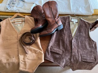 Pair Of Leather Farm And Ranch Boots, One Suede One Leather Orvis Vests And Leather Belt - Mb21