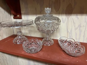 Moon And Stars Crystal Lot  - Includes Large Covered Dish Cake Stand And Two S Mall Bowls - B2