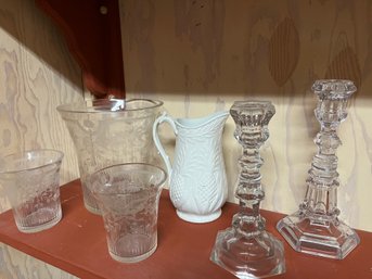 6 Piece Glass And Crystal Lot Includes 2 Candle Stick Holders  - B3