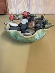 Ceramic Frogs And Flowers Planter With Tumbled Stones - B14
