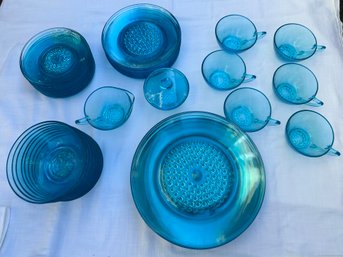 Cobalt Blue Glass Vintage Dish Set: Dinner Plates, Salad Plates, Bowls, Cups, Saucers, Cream & Sugar