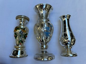 4 Antique Mercury Glass Hand Painted Vases See Pics- A